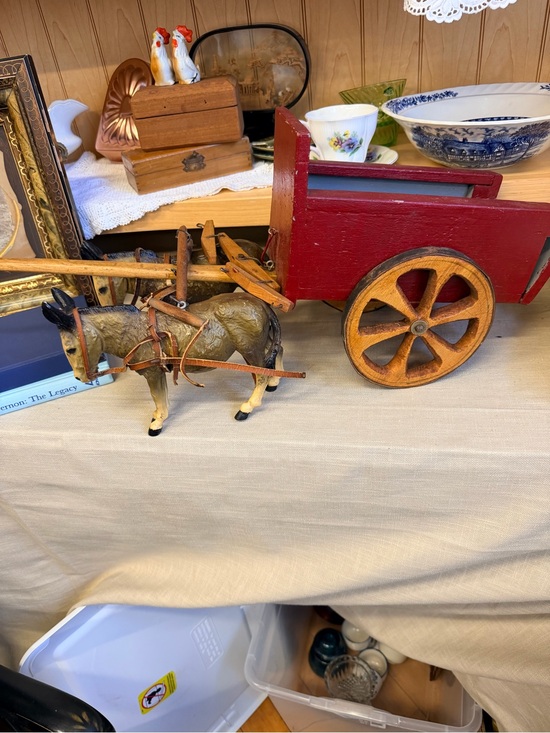 Other - Vintage-Style Red Wooden Cart Accent with Donkey Figure
